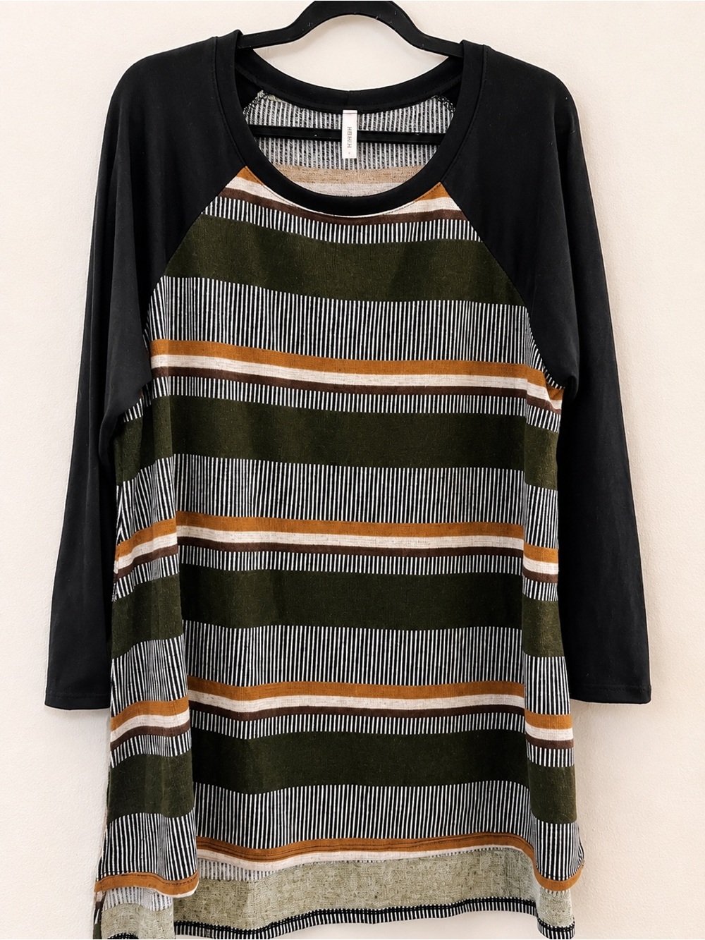 Women's Striped Raglan Long-Sleeve Tunic - Black and Olive
